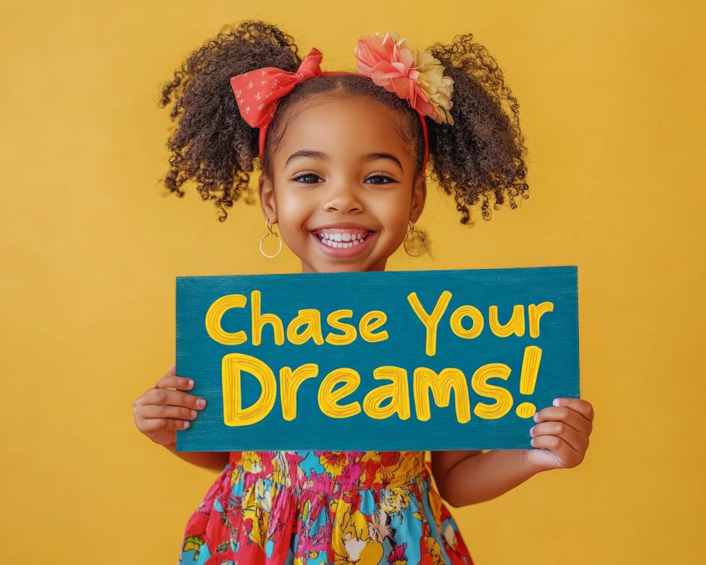 A cheerful young girl with curly hair holds a vibrant sign with the inspirational message 'Chase Your Dreams!' encouraging positivity and determination.